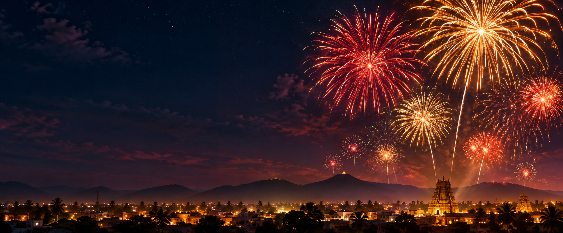 Colourful fireworks above Sivakasi at night